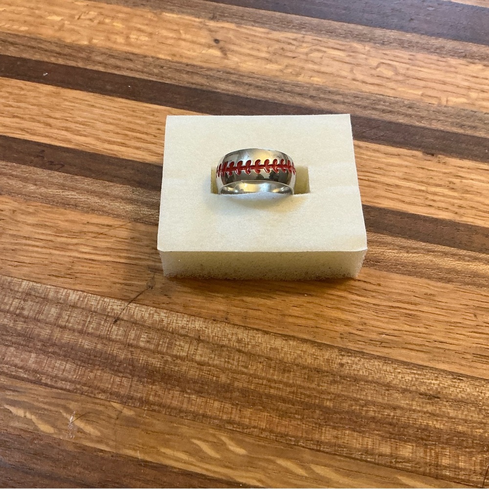 Elegant Silver Ring with Red Stitch Baseball Design